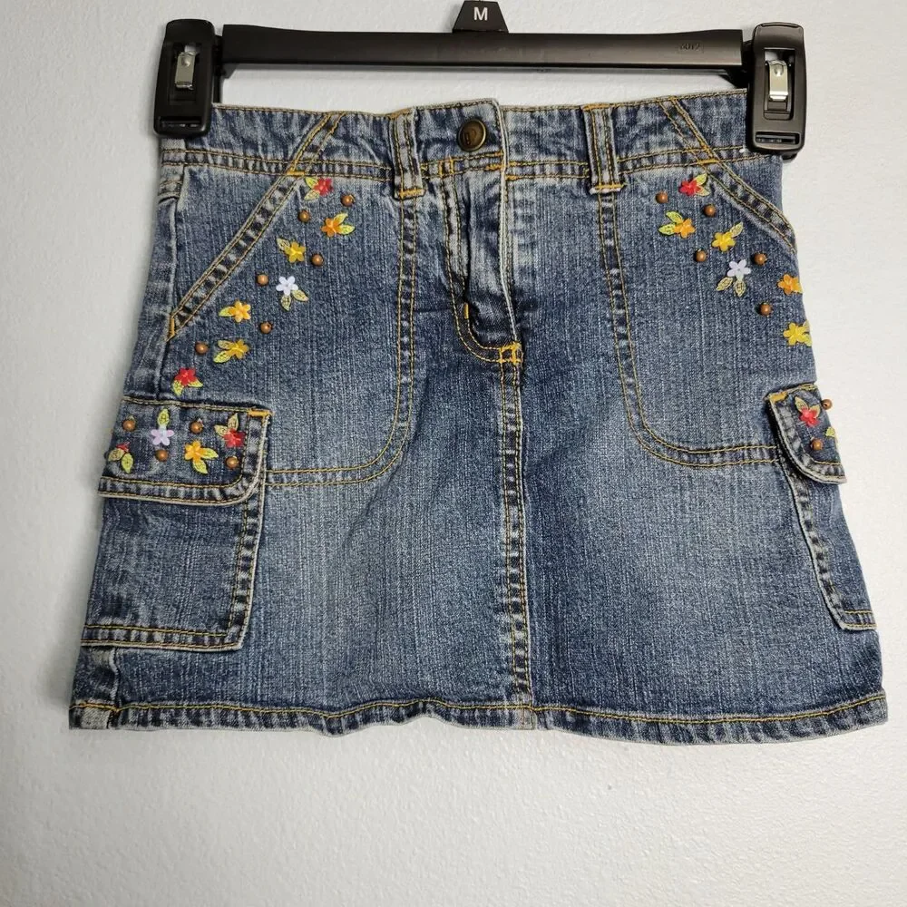 Vtg Gymboree Girls Denim Skirt Sz 6 Embroidered Floral Beaded Boho Cargo Y2K 90s